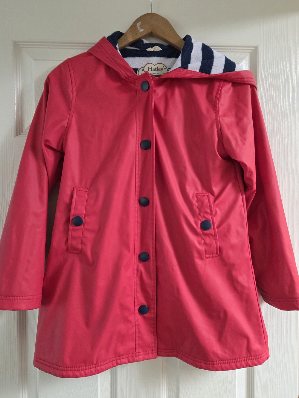 Hatley Red Raincoat Size 12 Navy & White Striped Terry Lined